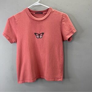 Brandy Melville Butterfly T Shirt One Size Salmon Pink Short Sleeve Embroidered
